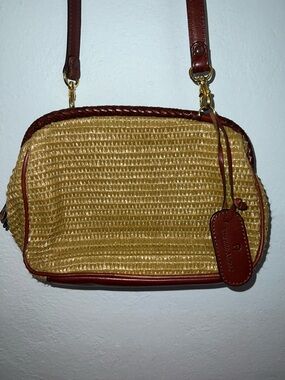 Etienne Aigner Women's Beige Straw Woven Shoulder Bag with Brown Leather Trim